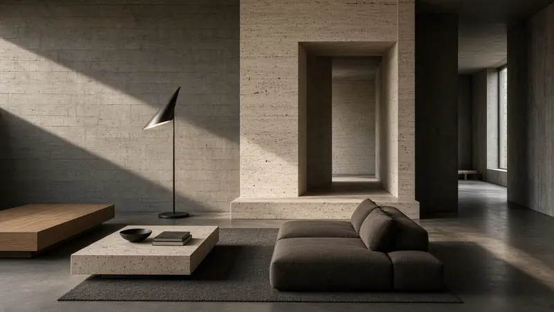 A minimalist architectural interior with travertine, concrete and soft daylight (AI-generated image)