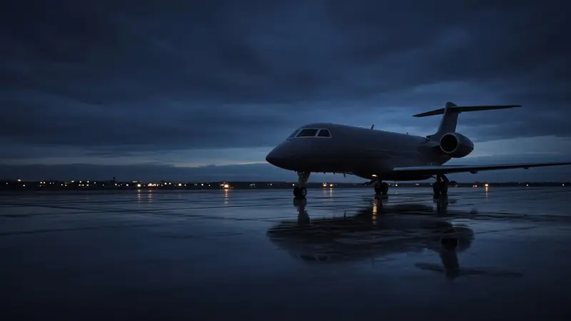 A private business jet on a wet tarmac at blue hour (AI-generated image)