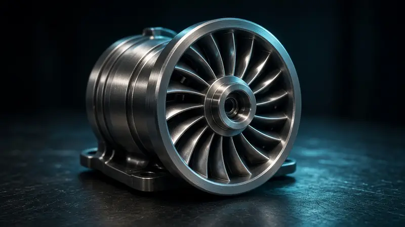 A precision-machined metal turbine component under cool rim lighting (AI-generated image)