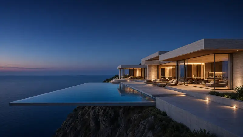 A clifftop villa with an infinity pool overlooking the sea at twilight (AI-generated image)