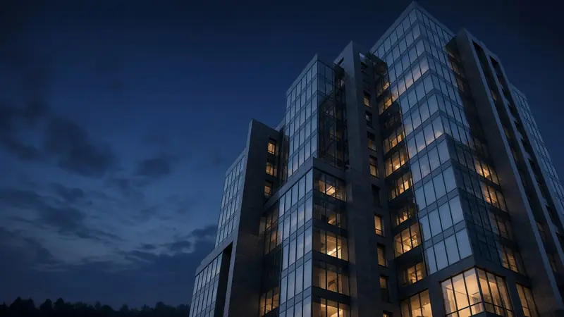 A contemporary glass and stone residential tower at dusk with warmly lit windows (AI-generated image)