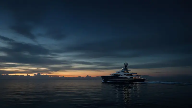 A modern superyacht cruising on a calm sea at dusk (AI-generated image)
