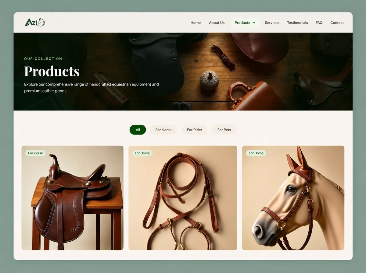 Azhan International products page: a handcrafted leather saddle, bridle and horse head photographed on warm beige backgrounds