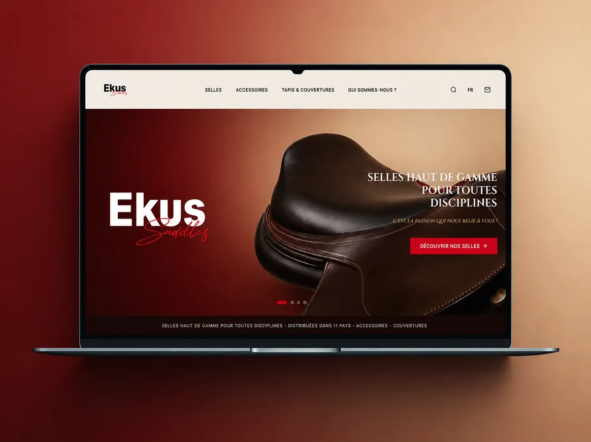 Ekus Saddles online store shown on a laptop: a dark leather saddle with the Ekus Saddles logo on a deep red background