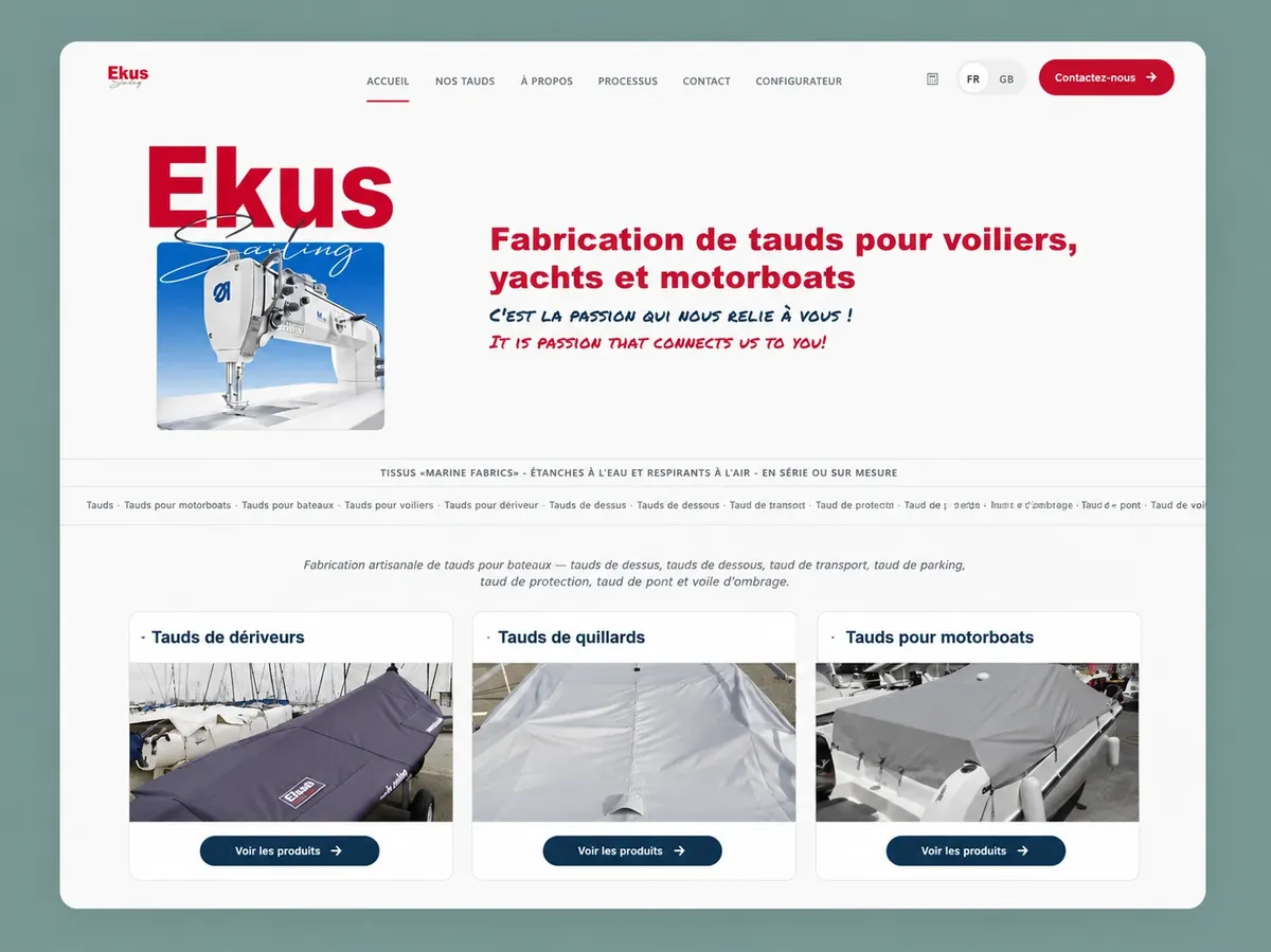 Ekus Sailing website: a French/English boat-cover maker with a bold red logo and product categories for dinghies, cabin boats and motorboats