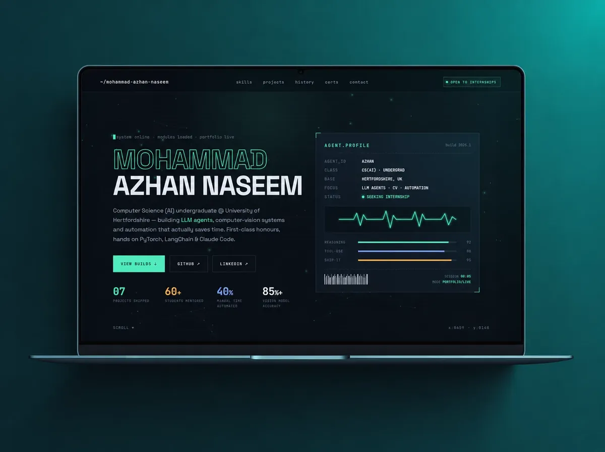 Portfolio website of Mohammad Azhan Naseem on a laptop: a dark terminal-style hero with a large outlined name and profile panel